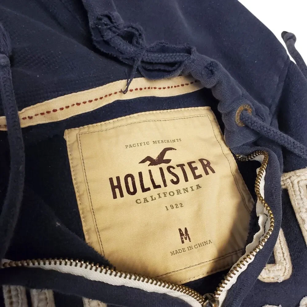 HOLLISTER Sweater Womens Medium Blue Spell Out Pockets Full Zip Hoodie Distress